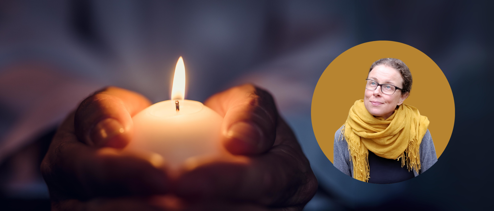 Kynttilää pitelevä't kädet ja pyörylässä lähikuva pastori Stina Huimasta