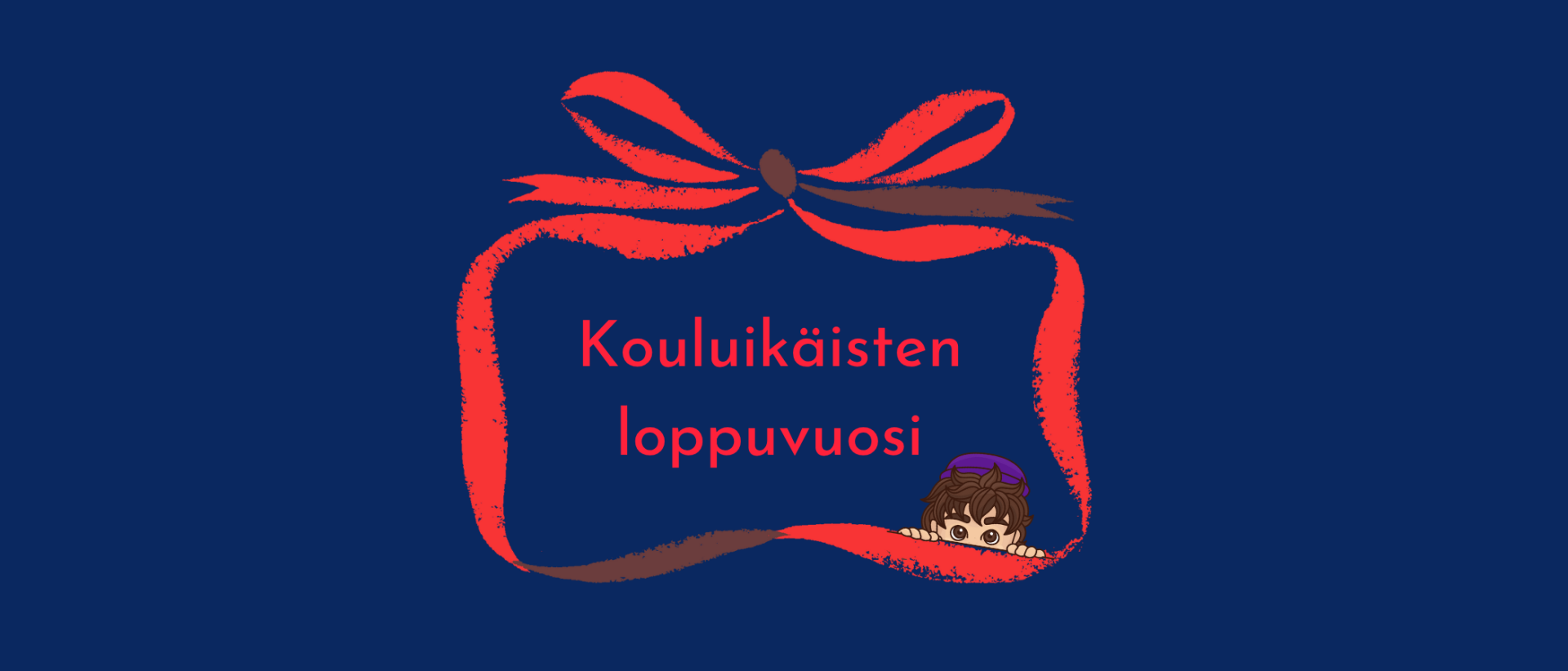 Tummansinisellä taustalla punaiset lahjapaketin ääriviivat, Mini-Mikaelin kasvokuva ja teksti: Kouluikäisten loppuvuosi.