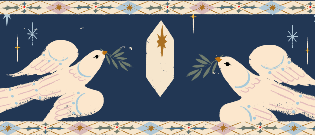 Tummassa taustassa kaksi kyyhkystä vastakkain, keskellä vaalea timantin muotoinen kuvia ja tähtiä.