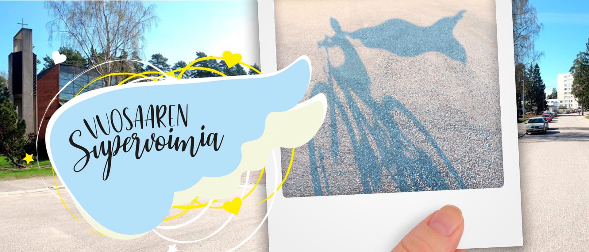 Polaroid kuva jossa pyöräilevän supersankarin varjo, lisäksi vuosaaren supervoimia logo.