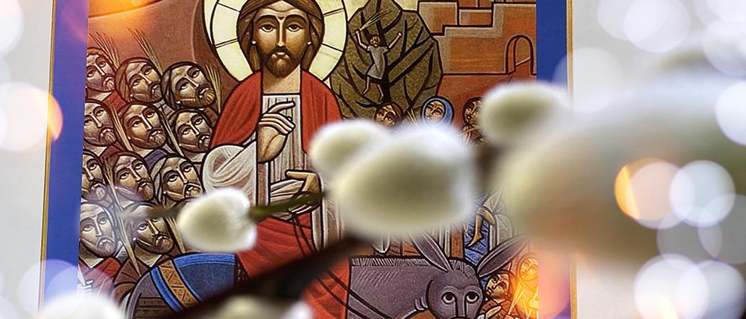 Ikoni jossa Jeesus ratsastaa Jerusalemiin. Sen edessä pajunkissoja.