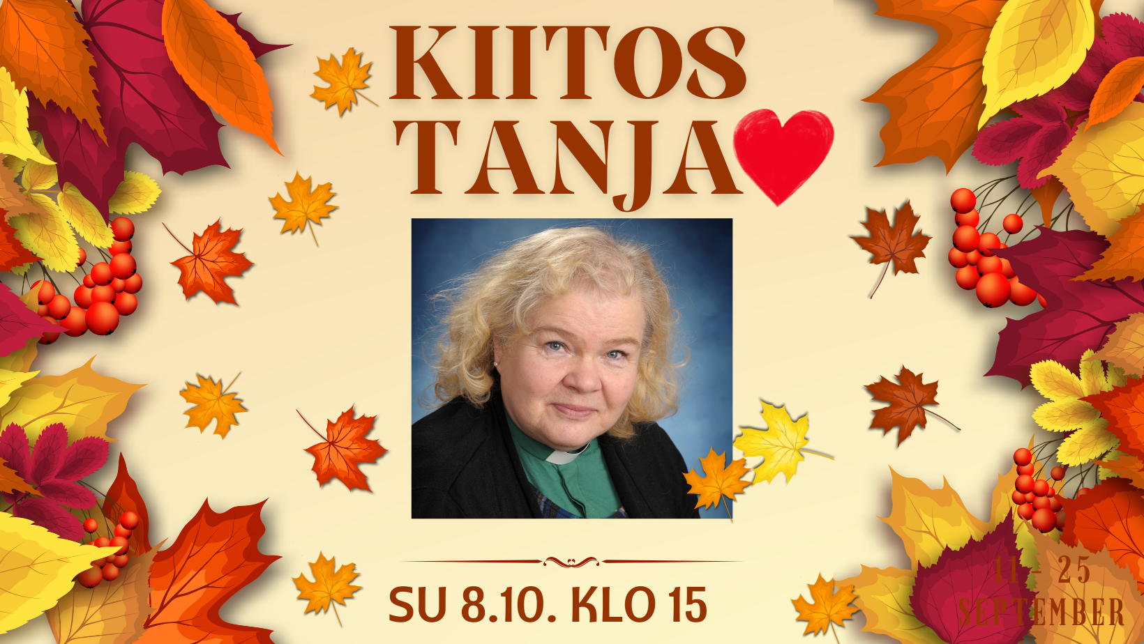 Kuvassa syksyn lehtiä, Tanja Bergin kuva ja teksti: Kiitos Tanja su 8.10. klo 15.