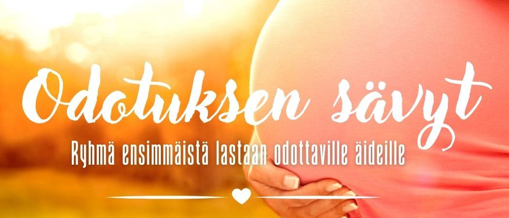raskaana olevan äidin vatsa, äidin käsi, teksti Odotuksen sävyt ryhmä ensimmäistä lastaan odottaville äideille