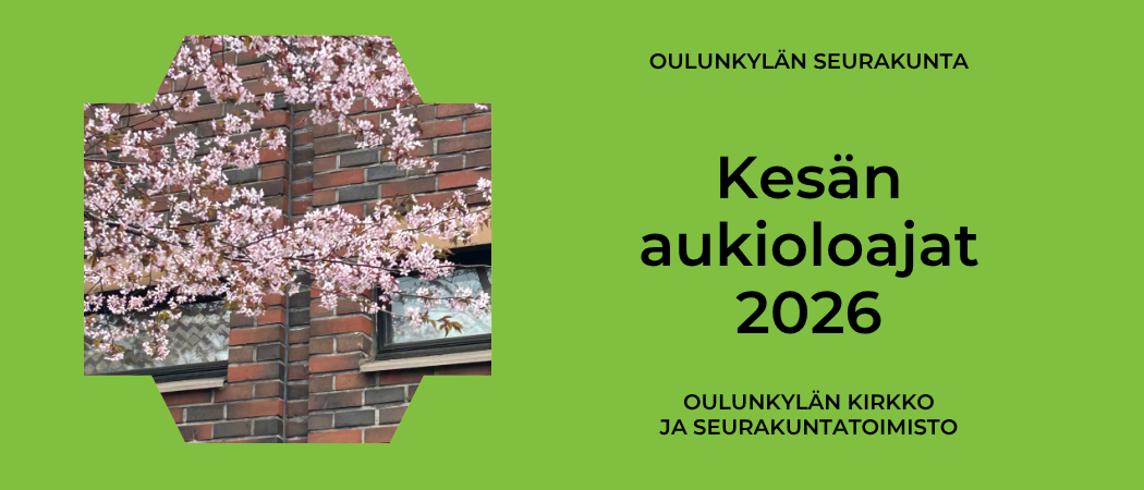 Kirsikkapuissa on vaaleanpunaiset kukat. Taustalla punatiilinen Oulunkylän kirkko ja sen ikkunoita.