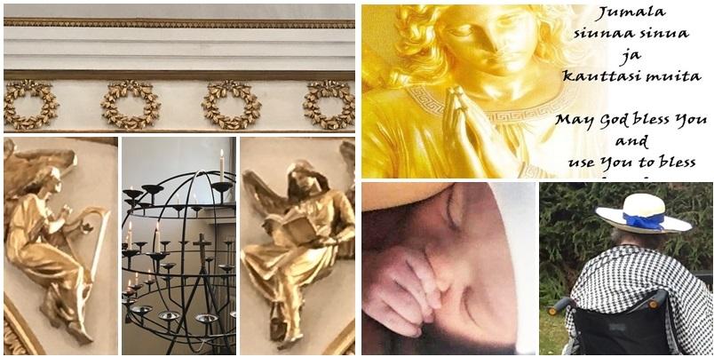 Vasemmalla Tuomiokirkon lähetyskynttelikkö sekä kullattuja enkelipatsaita ja kirkon kullattuja koristeseppeleitä. Oikealla kuva Tuomiokirkon enkelistä, vauvasta ja pyörätuolissa istuvasta vanhuksesta sekä teksti 