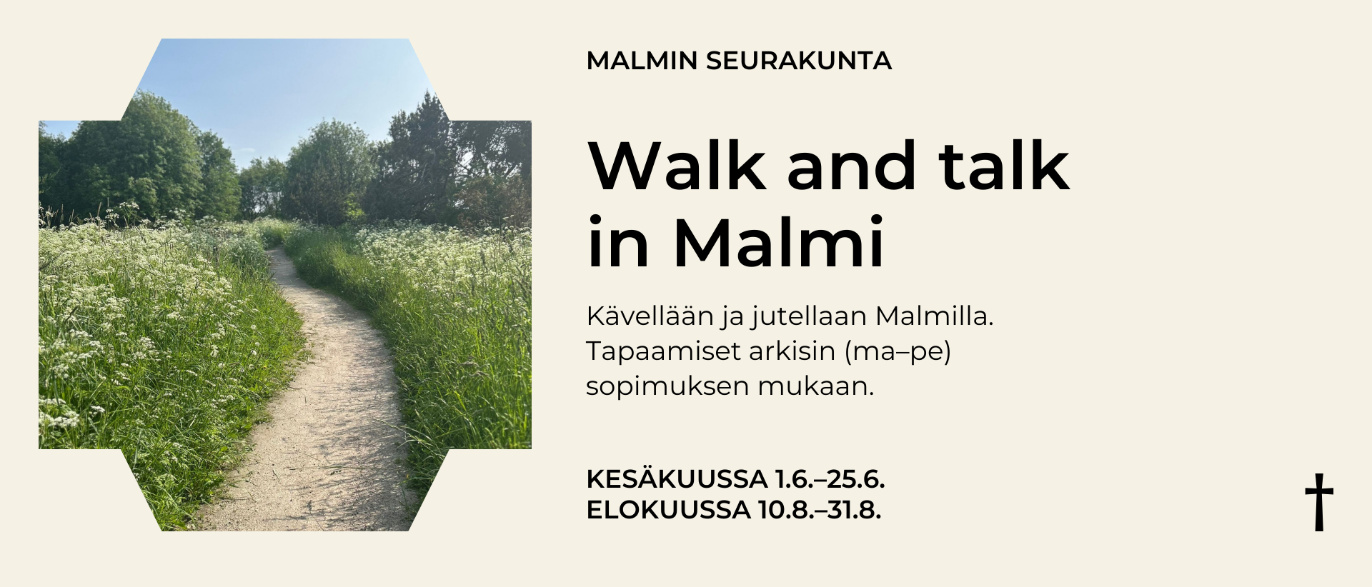 Vaalealla pohjalla kuva kesäisestä polusta kukkaniityn halki tekstit Walk and talk in Malmi Kävellään ja jutellaan Malmilla