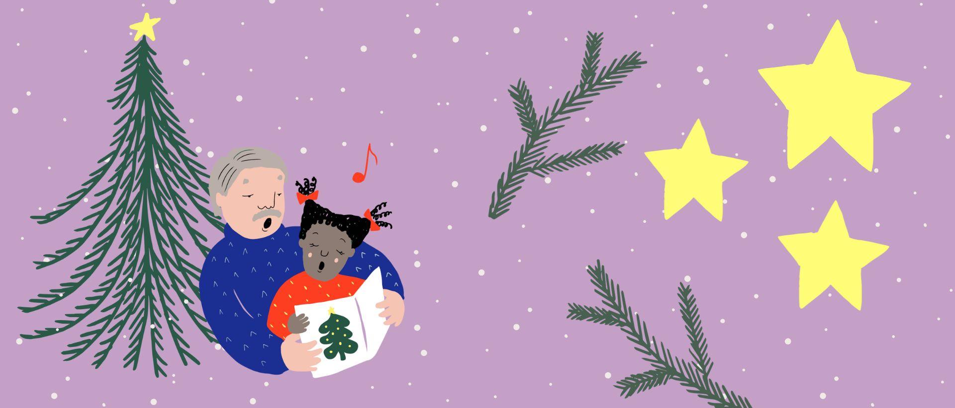 Joulukuusi, tähtiä, pappa laulaa lapsen kanssa lauluvihkosta. Piirroskuvat.