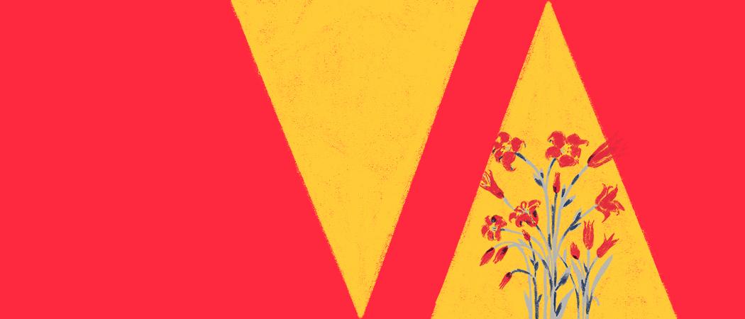 Punaisella taustalla kaksi tilan läpäisevää kolmiota, toinen kärjellä, toinen kannalla ja sen sisällä punaisia kukkia.