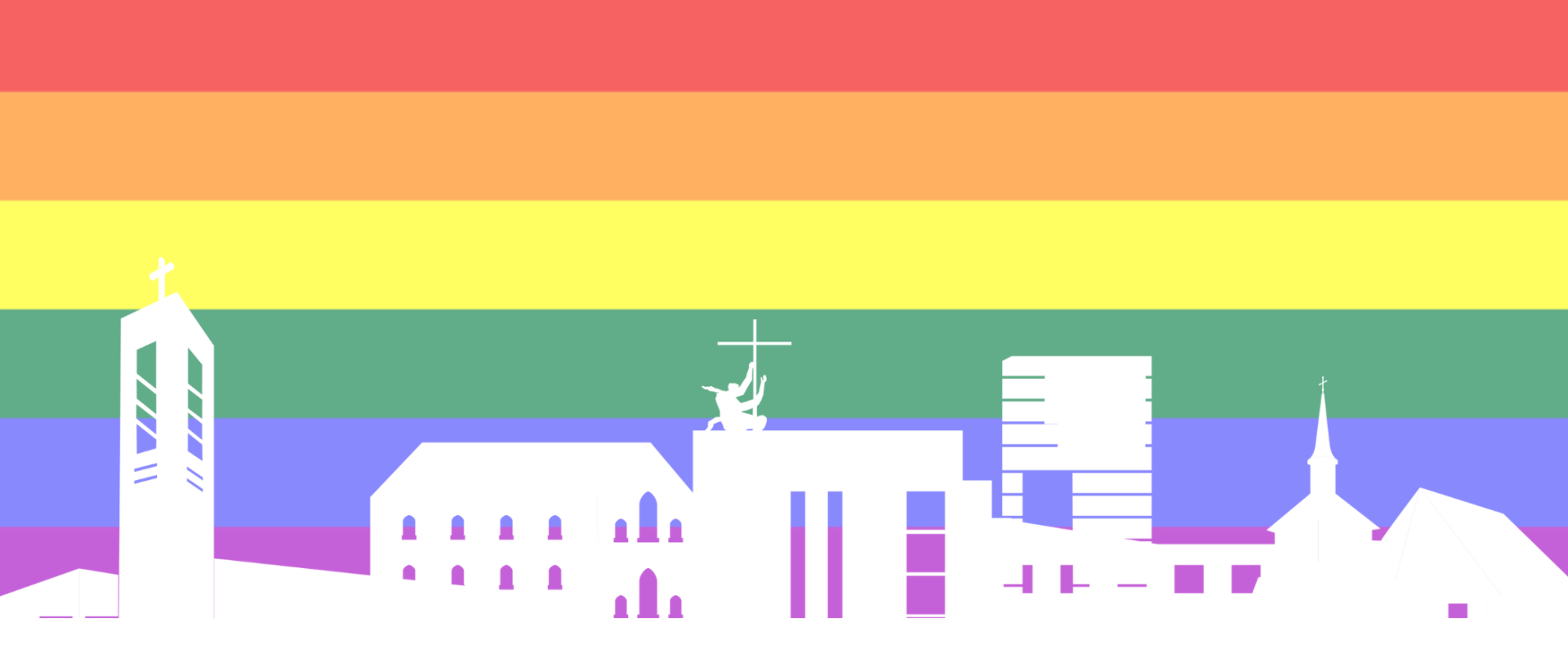 Taustalla pride-lipun värit, edessä valkoinen silhuetti kuva Mikaelin seurakunnan kirkoista.
