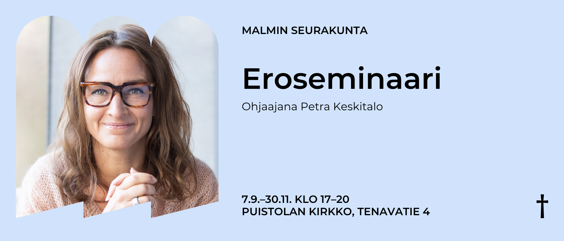 Vaaleansinisell&auml; teksti Eroseminaari Ohjaajana Petra Keskitalo