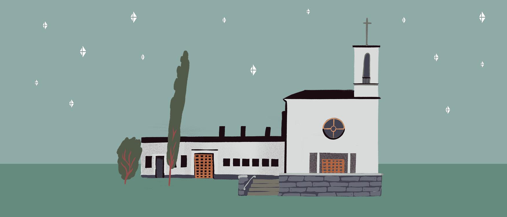 Kuvitettu Käpylän kirkko, tähtitaivaalla Seurakuntayhtymän logoja tähtien korvaajina