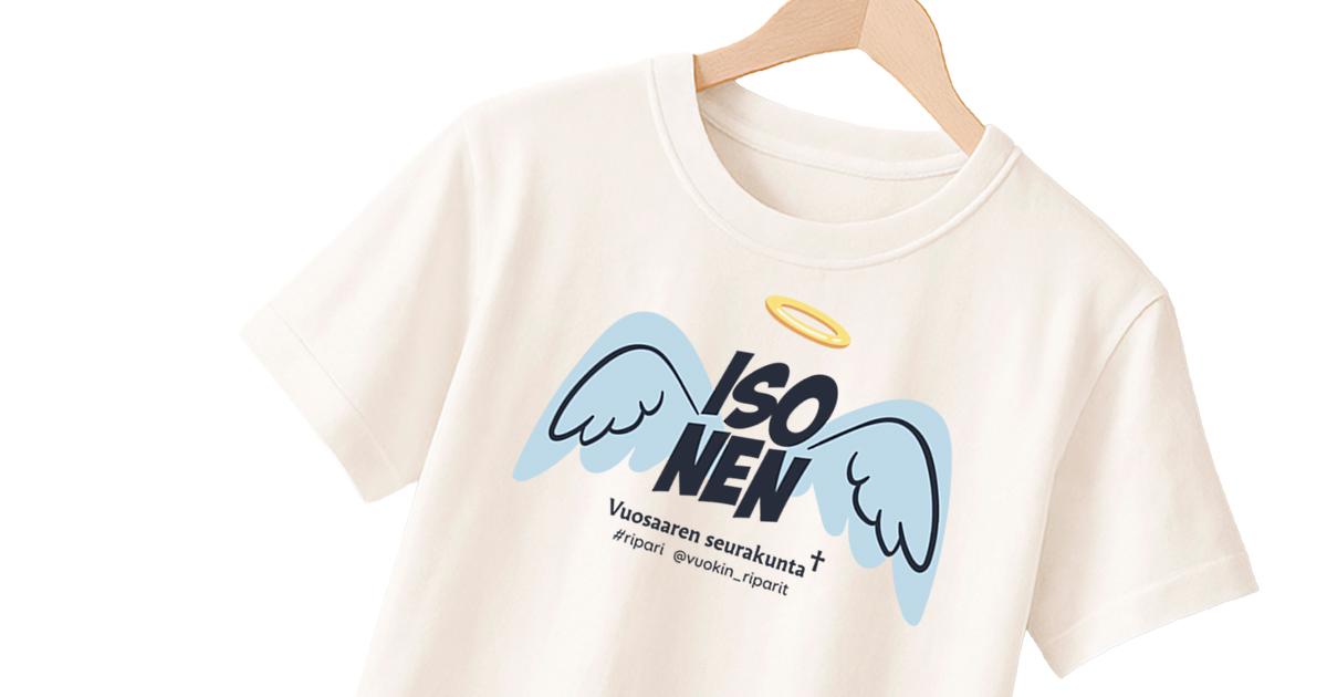 Isosten t-paita henkarissa, paidassa isosten logo
