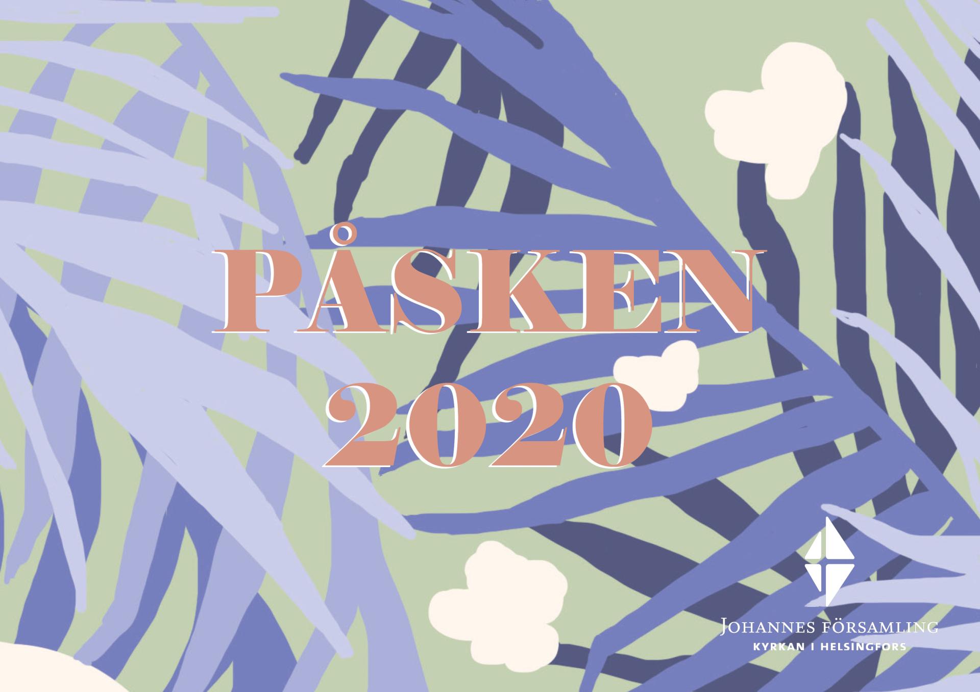 Tecknade palmblad i lila med texten Stilla veckan & påsken 2020