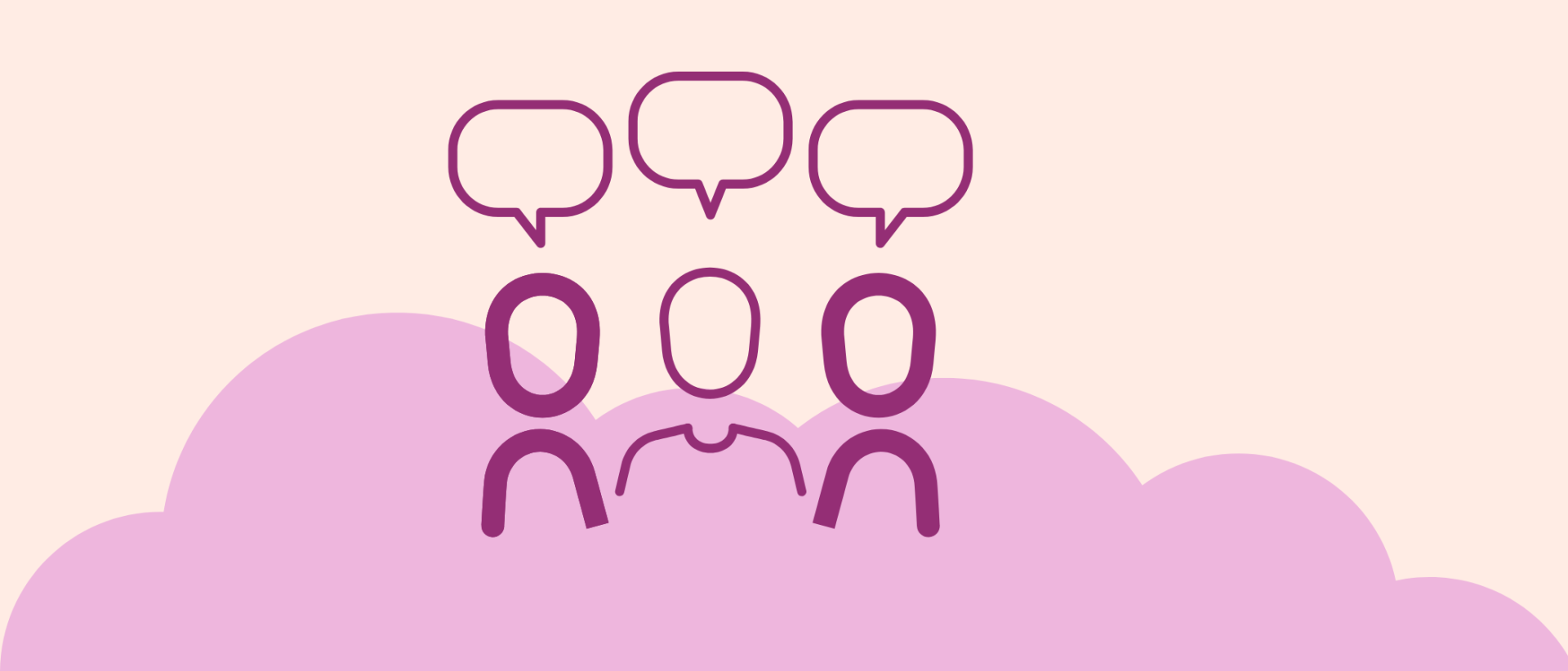 Krito-ryhmä. Purppurasävyinen piktogrammi kirkon ilmeen mukaan. kolme hahmoa puhekuplassa pinkin pilven päällä