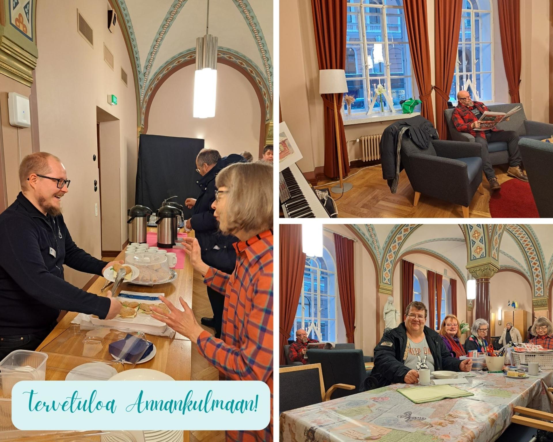Ihmisiä Annankulman olohuoneessa