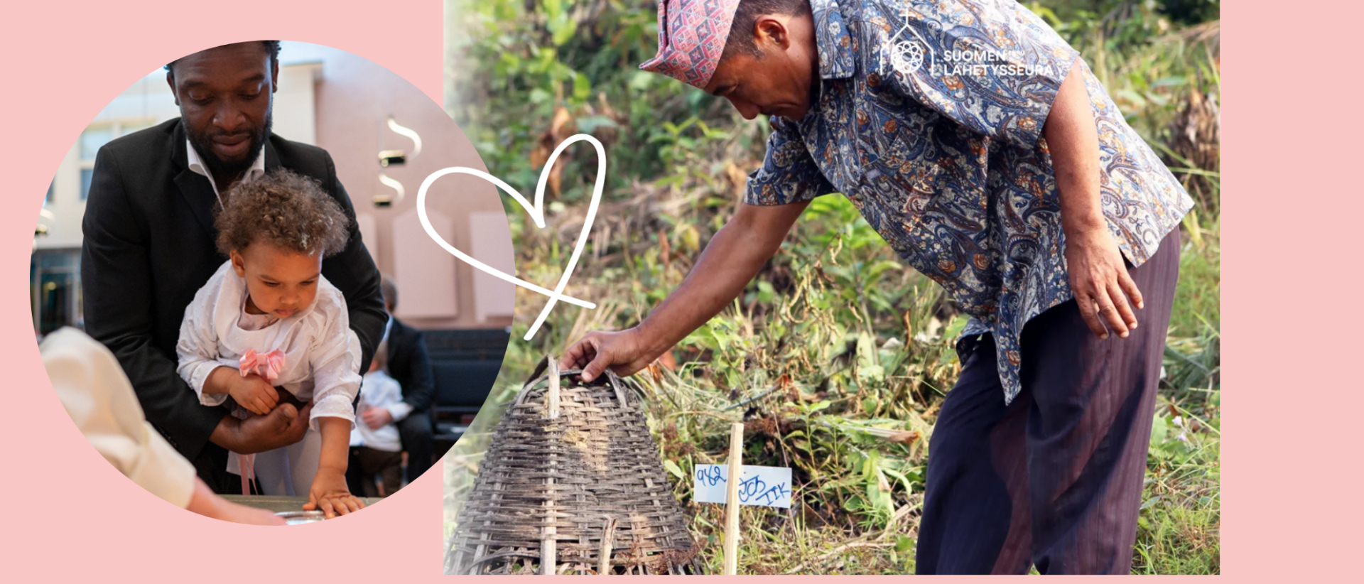 Kuvakollaasi. Lapsi kasteella isän sylissä ja puun istutusta Nepalissa kastetun kunniaksi. Vaaleanpunainen pohja