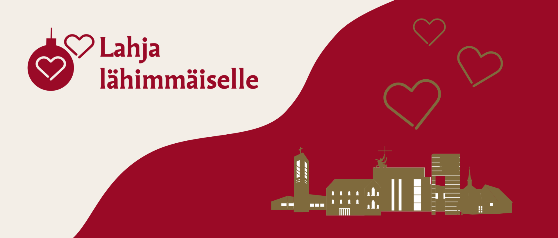 Lahja lähimmäiselle logo, piirretty kuva Mikaelin seurakunnan kirkoista, sydämmiä.