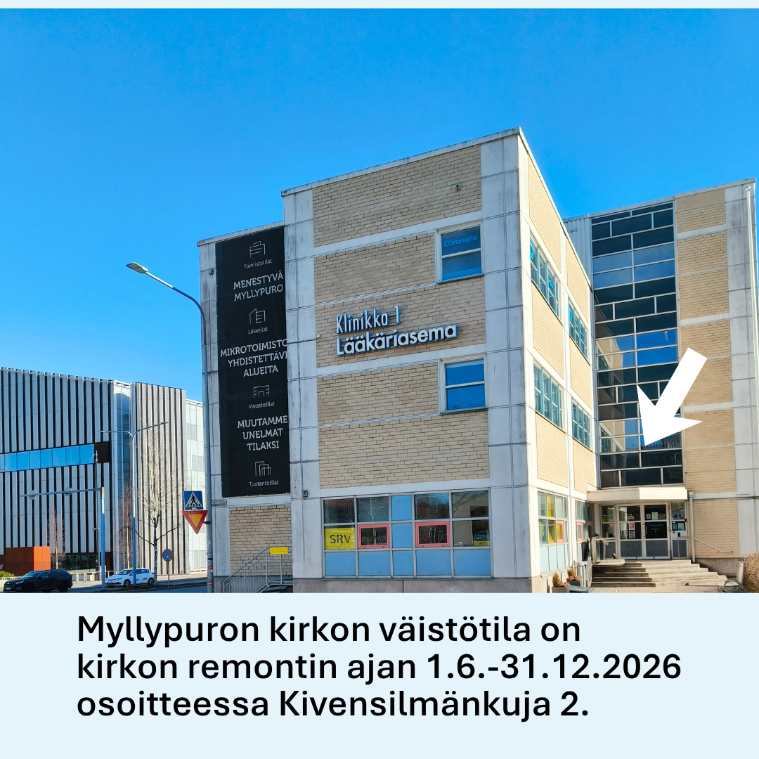 Myllypuron kirkon väistötila on kirkon remontin ajan osoitteessa Kivensilmänkuja 2. Kuva rakennuksesta, nuoli osoittaa sisäänkäyntiin