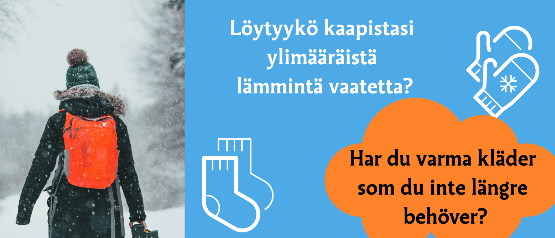 Talvimaisema, jossa reppuselkäinen henkilö takaapäin