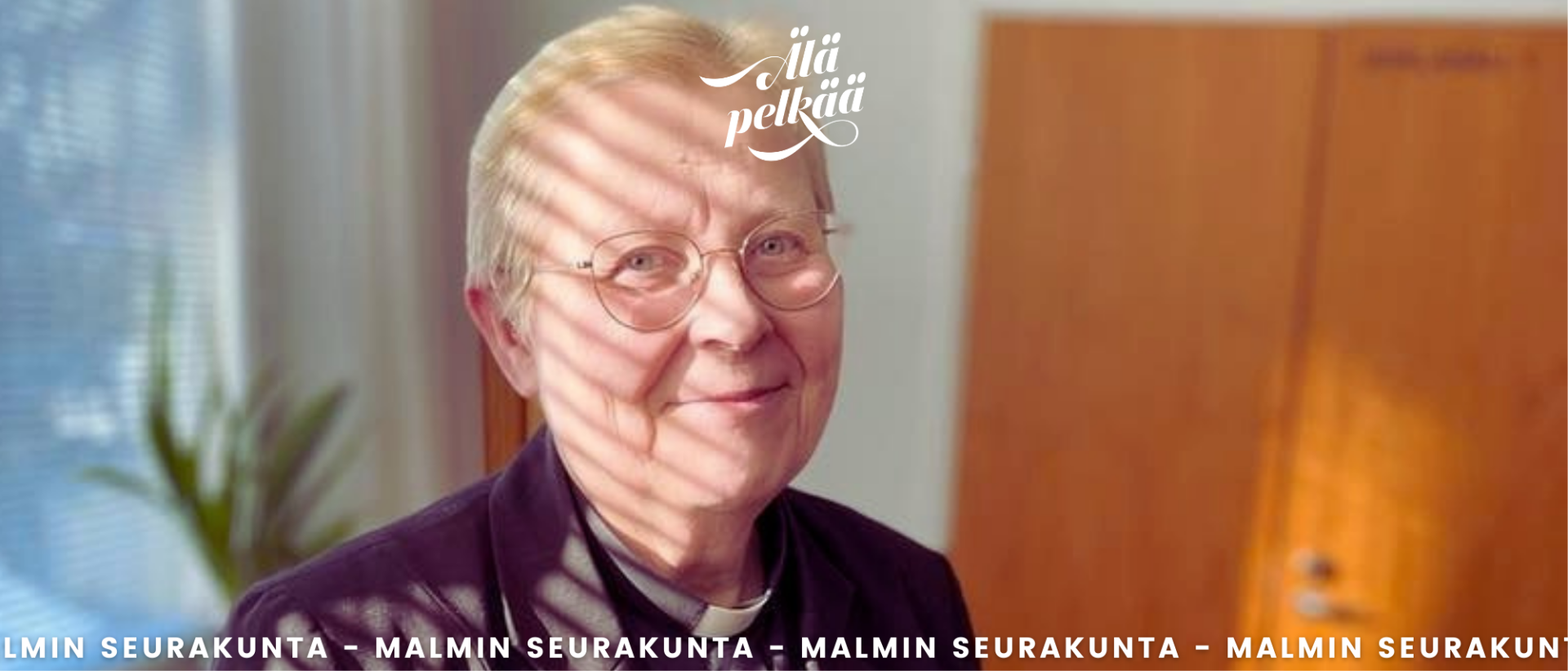 Malmin seurakunnan laitoshartauksia tekevä pappi Anita Olli kasvokuvassa ja Älä pelkää-logo