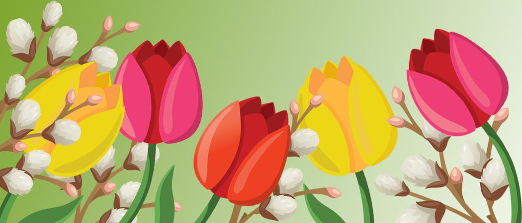 Piirretty kuva jossa pajunkissoja ja tulppaaneja vihreää taustaa vasten