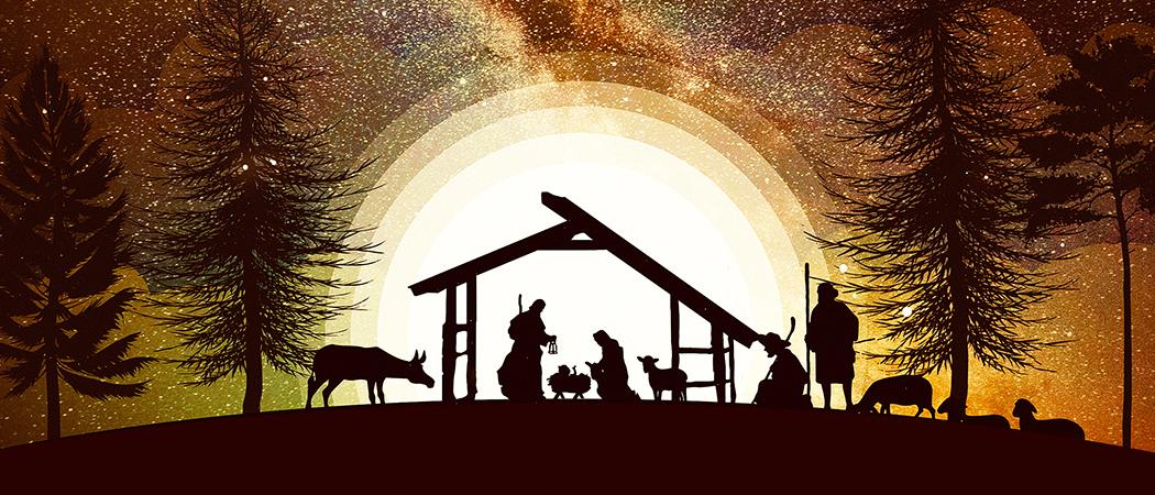 Piirretyssä kuvassa silhuetti ensimmäisen jouluyön asetelmasta: pyhä perhe tallissa, eläimiä ja paimenia ympärillä. Laaja valo taustalla.