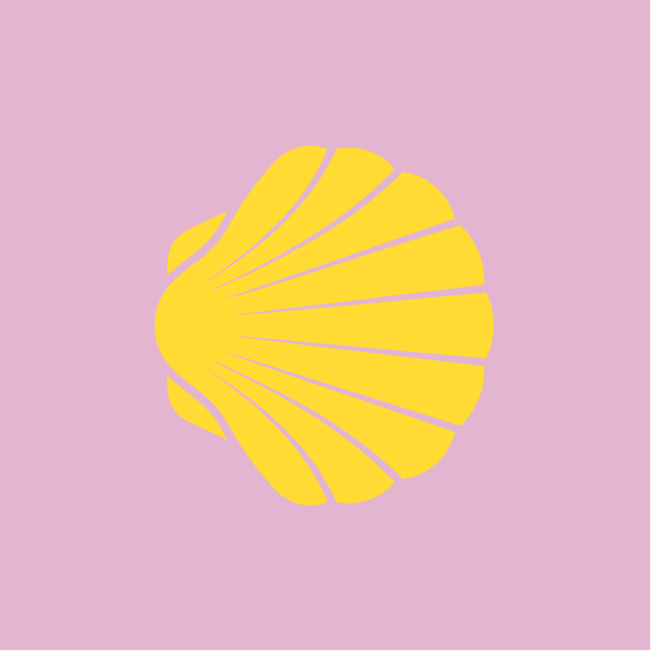 Vaalenpunaisella pohjalla keltainen simpukankuori