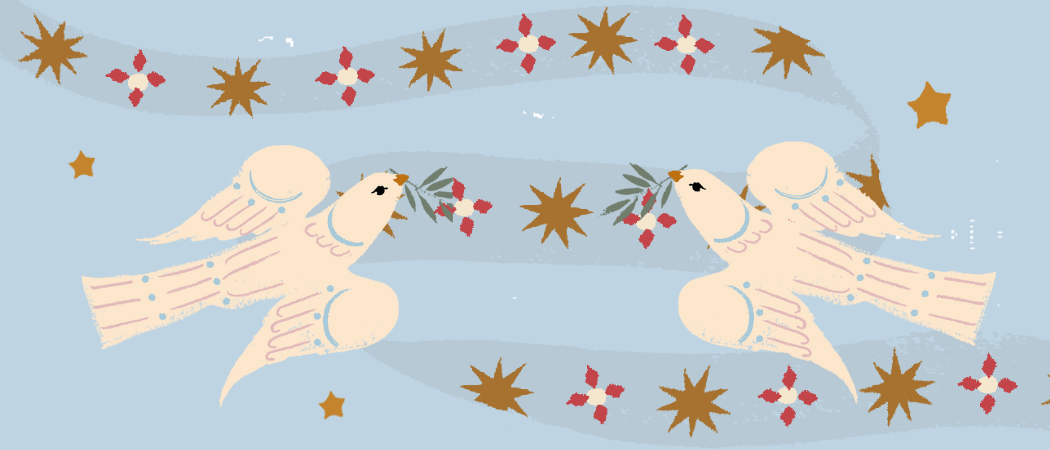 Kaksi piirretty&auml; rauhan kyyhky&auml; vastakkain. Taustalla koristeellinen nauha.