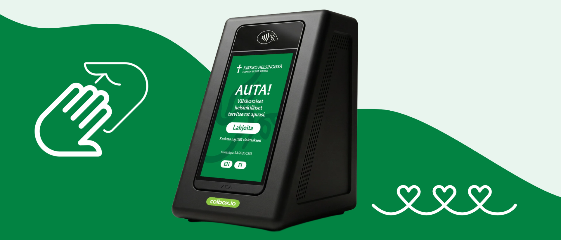 Tummanvihreällä taustalla mustavihreä lahjoitusautomaatti sekä valkoiset käsi- ja sydänpiktogrammit