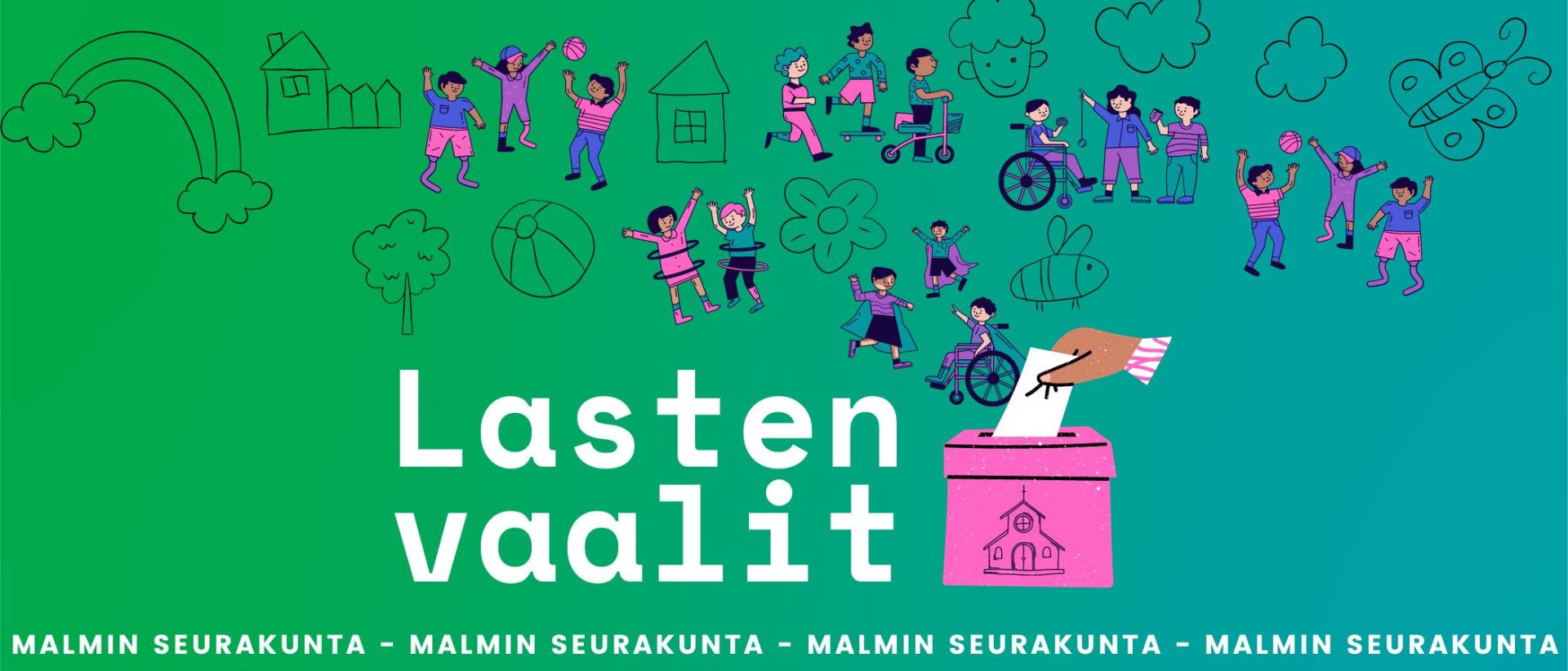 Lasten vaalit Malmin seurakunta -teksti vihreällä pohjalla, vaalenpunainen äänestyslaatikko, piirrettyjä lapsia,