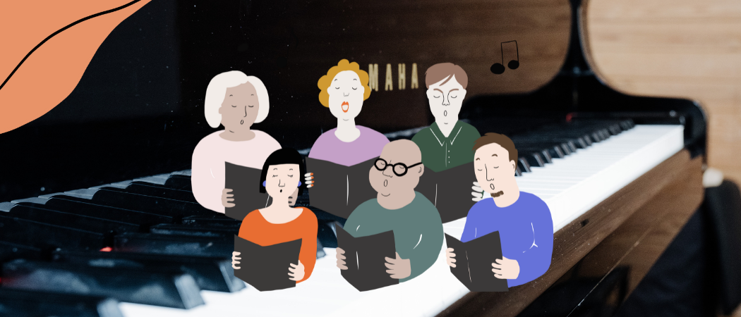 Pianon koskettimet ja kuvitettuja kuorolaulajia.