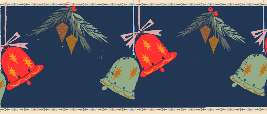 Piirrettyjä koristeltuja joulukelloja tummassa taustassa.